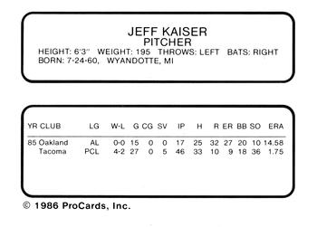 1986 ProCards Tacoma Tigers #10 Jeff Kaiser Back