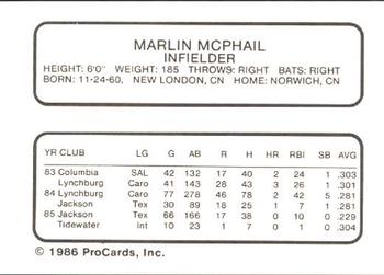 1986 ProCards Tidewater Tides (Mets Logo) #NNO Marlin McPhail Back