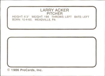 1986 ProCards Tucson Toros #1 Larry Acker Back
