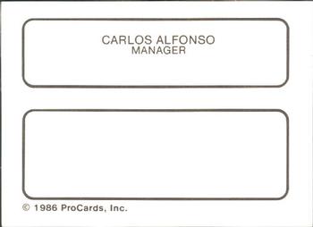 1986 ProCards Tucson Toros #2 Carlos Alfonso Back