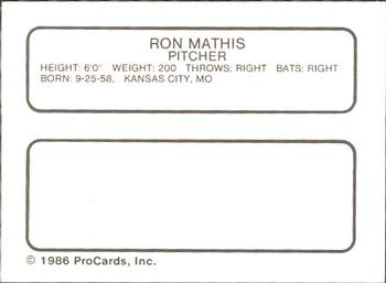 1986 ProCards Tucson Toros #12 Ron Mathis Back