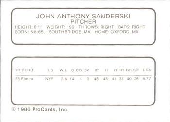 1986 ProCards Winter Haven Red Sox #NNO John Sanderski Back