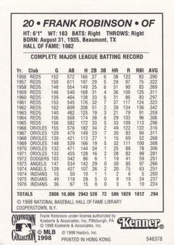 1998 Kenner Starting Lineup Cards Cooperstown Collection #546378 Frank Robinson Back