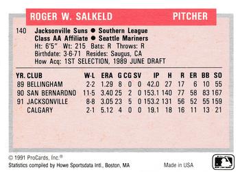 1991-92 ProCards Tomorrow's Heroes #140 Roger Salkeld Back