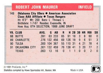 1991-92 ProCards Tomorrow's Heroes #149 Rob Maurer Back