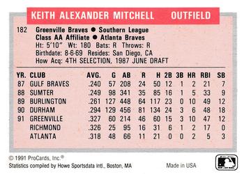 1991-92 ProCards Tomorrow's Heroes #182 Keith Mitchell Back