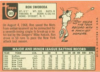 1969 Topps #585 Ron Swoboda Back