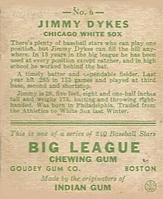 1933 Goudey (R319) #6 Jimmie Dykes Back