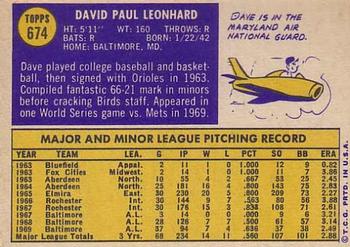 1970 Topps #674 Dave Leonhard Back