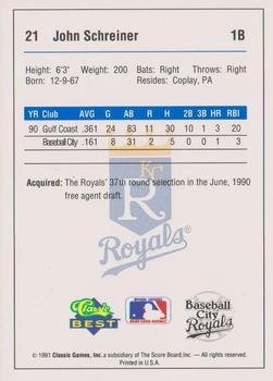 1991 Classic Best Baseball City Royals #21 John Schreiner Back