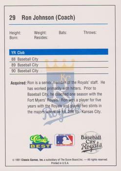 1991 Classic Best Baseball City Royals #29 Ron Johnson Back