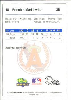 1991 Classic Best Boise Hawks #18 Brandon Markiewicz Back