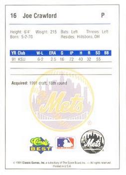 1991 Classic Best Kingsport Mets #16 Joe Crawford Back