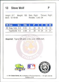 1991 Classic Best Lakeland Tigers #13 Steve Wolf Back