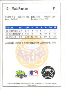 1991 Classic Best Osceola Astros #10 Matt Rambo Back