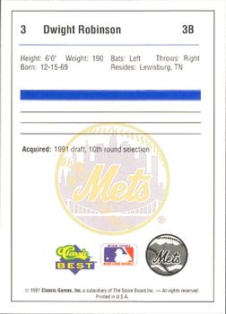 1991 Classic Best Pittsfield Mets #3 Dwight Robinson Back