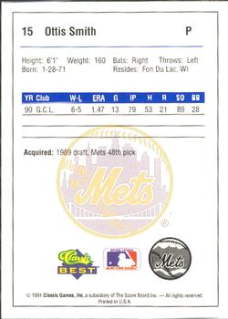 1991 Classic Best Pittsfield Mets #15 Ottis Smith Back