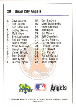 1991 Classic Best Quad City Angels #29 Checklist Back