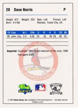 1991 Classic Best Springfield Cardinals #20 Dave Norris Back