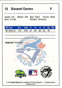 1991 Classic Best St. Catharines Blue Jays #13 Giovanni Carrara Back