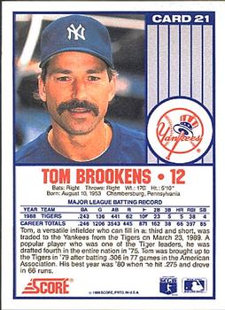 1989 Score New York Yankees #21 Tom Brookens Back