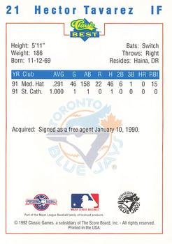 1992 Classic Best Dunedin Blue Jays #21 Hector Tavarez Back