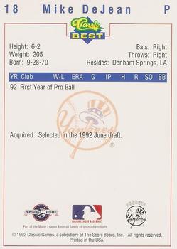 1992 Classic Best Oneonta Yankees #18 Mike DeJean Back