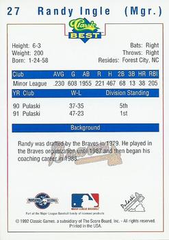 1992 Classic Best Pulaski Braves #27 Randy Ingle Back