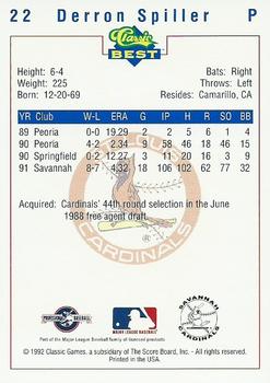 1992 Classic Best Savannah Cardinals #22 Derron Spiller Back