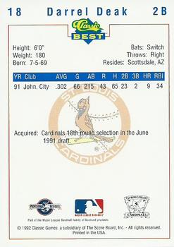1992 Classic Best Springfield Cardinals #18 Darrel Deak Back