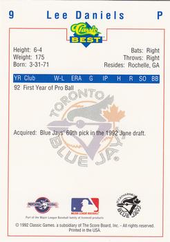 1992 Classic Best St. Catharines Blue Jays #9 Lee Daniels Back