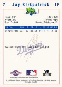 1992 Classic Best Vero Beach Dodgers #7 Jay Kirkpatrick Back