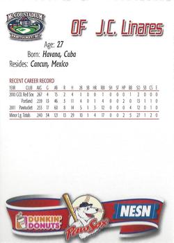 2012 Dunkin' Donuts Pawtucket Red Sox #20 J.C. Linares Back