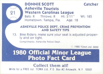 1980 TCMA Asheville Tourists #21 Donnie Scott Back