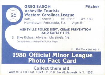 1980 TCMA Asheville Tourists #26 Greg Eason Back