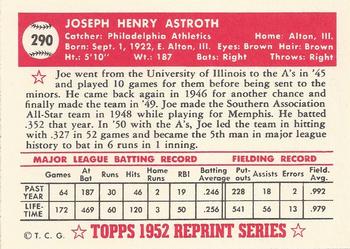 1983 Topps 1952 Reprint Series #290 Joe Astroth Back
