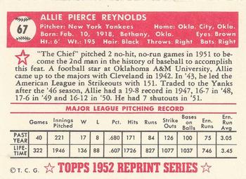 1983 Topps 1952 Reprint Series #67 Allie Reynolds Back