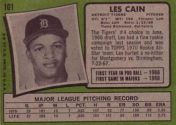 1971 Topps #101 Les Cain Back