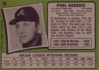 1971 Topps #30 Phil Niekro Back