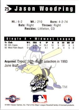 1994 Classic Best Burlington Bees #25 Jason Woodring Back