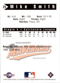 1994 Classic Best High Desert Mavericks #25 Mike Smith Back