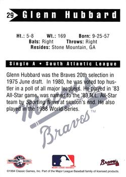1994 Classic Best Macon Braves #29 Glenn Hubbard Back
