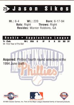 1994 Classic Best Martinsville Phillies #25 Jason Sikes Back