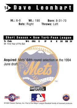 1994 Classic Best Pittsfield Mets #14 Dave Leonhart Back