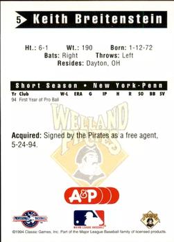 1994 Classic Best Welland Pirates #5 Keith Breitenstein Back