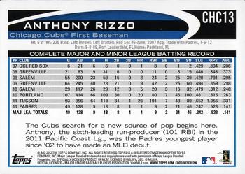 2012 Topps Chicago Cubs #CHC13 Anthony Rizzo Back