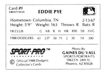 1988 Sport Pro Great Falls Dodgers #9 Eddie Pye Back