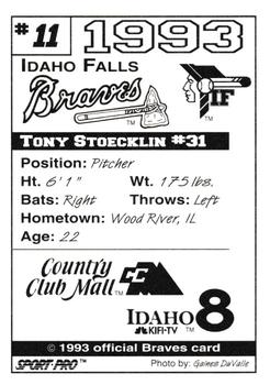 1993 Sport Pro Idaho Falls Braves #11 Tony Stoecklin Back