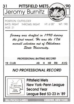 1990 Pucko Pittsfield Mets #31 Jeromy Burnitz Back