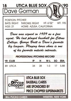 1990 Pucko Utica Blue Sox #18 Dave Gorman Back